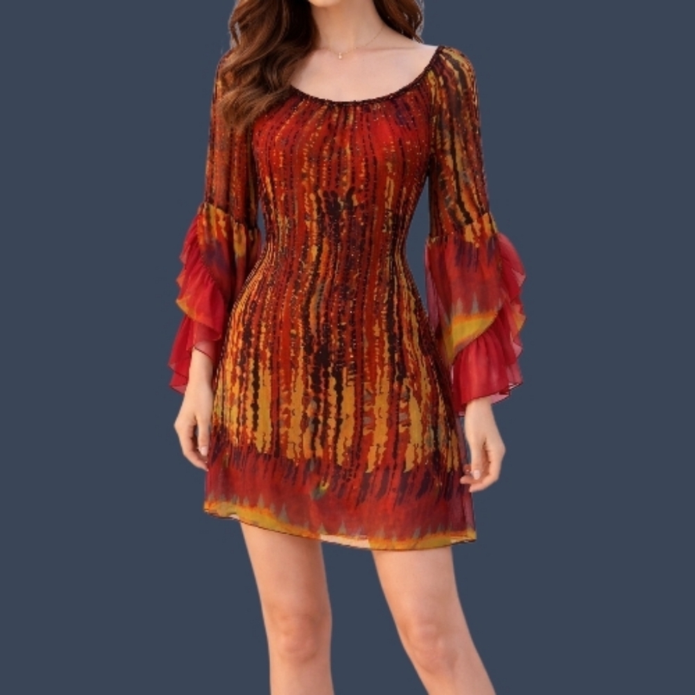 URBAN MANGOZ Fairycore Beaded Flare Sleeve Chiffon Tie Back Artsy Festival Dress